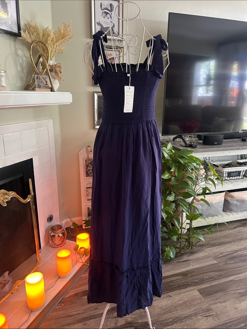 Smocked Navy Maxi Dress with Tie Shoulder Straps